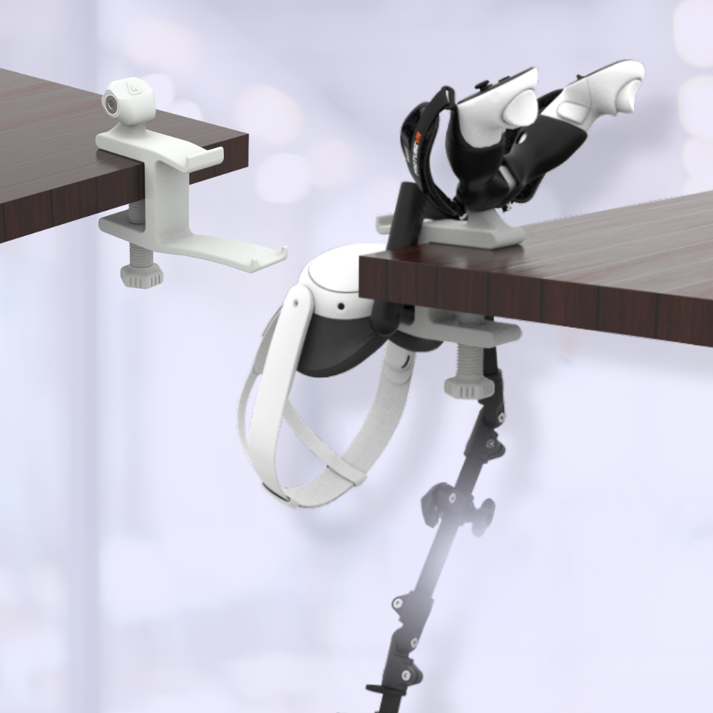 a VR headset stand with a quest 3 headset and controllers and a gunstock 
